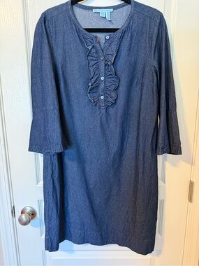Draper James Indigo Chambray Ruffle-Front Shift Dress